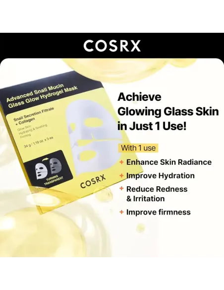 COSRX Advanced Snail Mucin Glass Glow Hydrogel Mask, Collagen Face Mask for Deep Moisture and Radiant Complexion